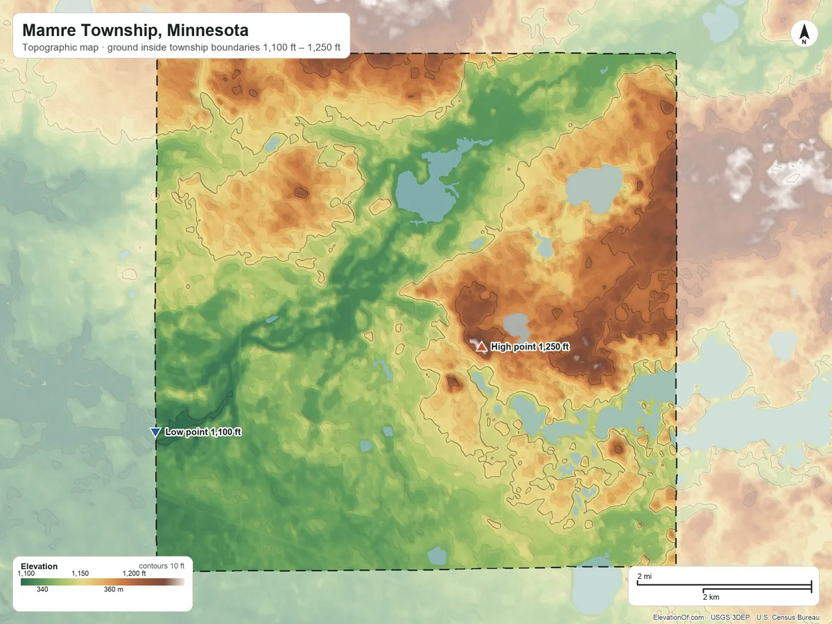 Topographic elevation map of Mamre Township, Minnesota, shaded from 1,100 ft on the west side to 1,250 ft near the middle