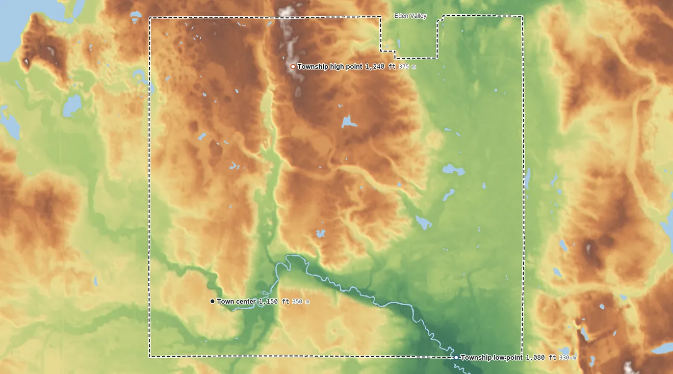 Topographic elevation map of Manannah Township, Minnesota, shaded from 1,080 ft on the east side to 1,240 ft on the north side