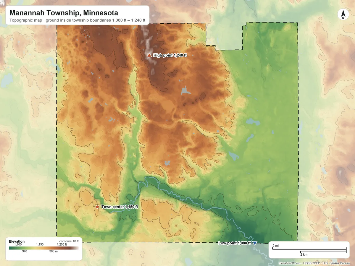 Topographic elevation map of Manannah Township, Minnesota, shaded from 1,080 ft on the east side to 1,240 ft on the north side