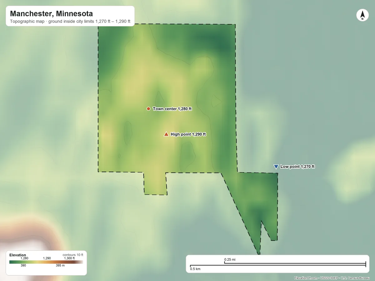 Topographic elevation map of Manchester, Minnesota, shaded from 1,270 ft on the southeast side to 1,290 ft on the southeast side