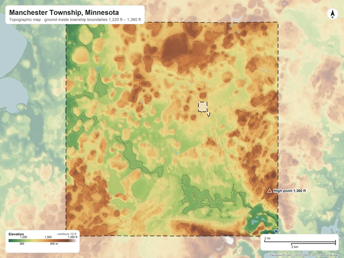 Topographic elevation map of Manchester Township, Minnesota, shaded from 1,220 ft on the southeast side to 1,360 ft on the southeast side