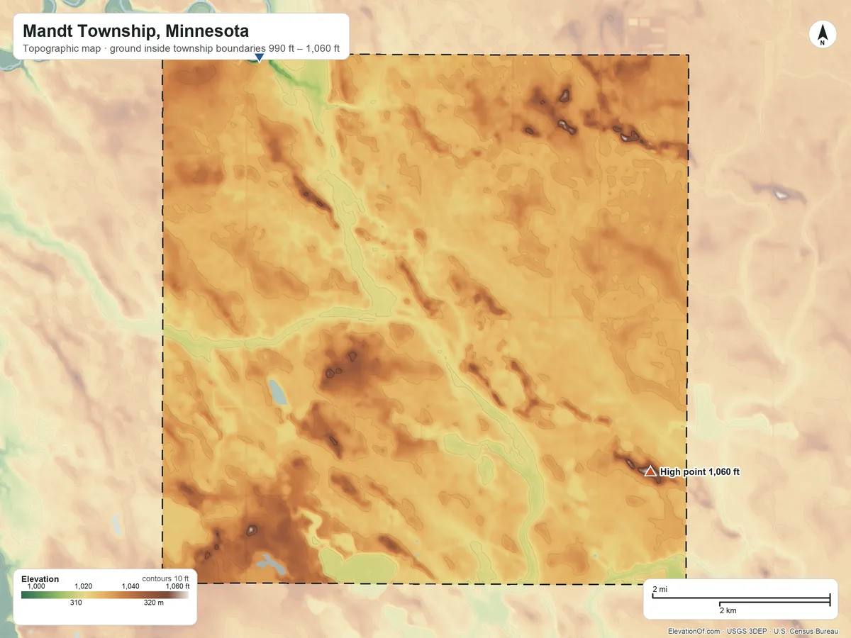 Topographic elevation map of Mandt Township, Minnesota, shaded from 990 ft on the northwest side to 1,060 ft on the southeast side
