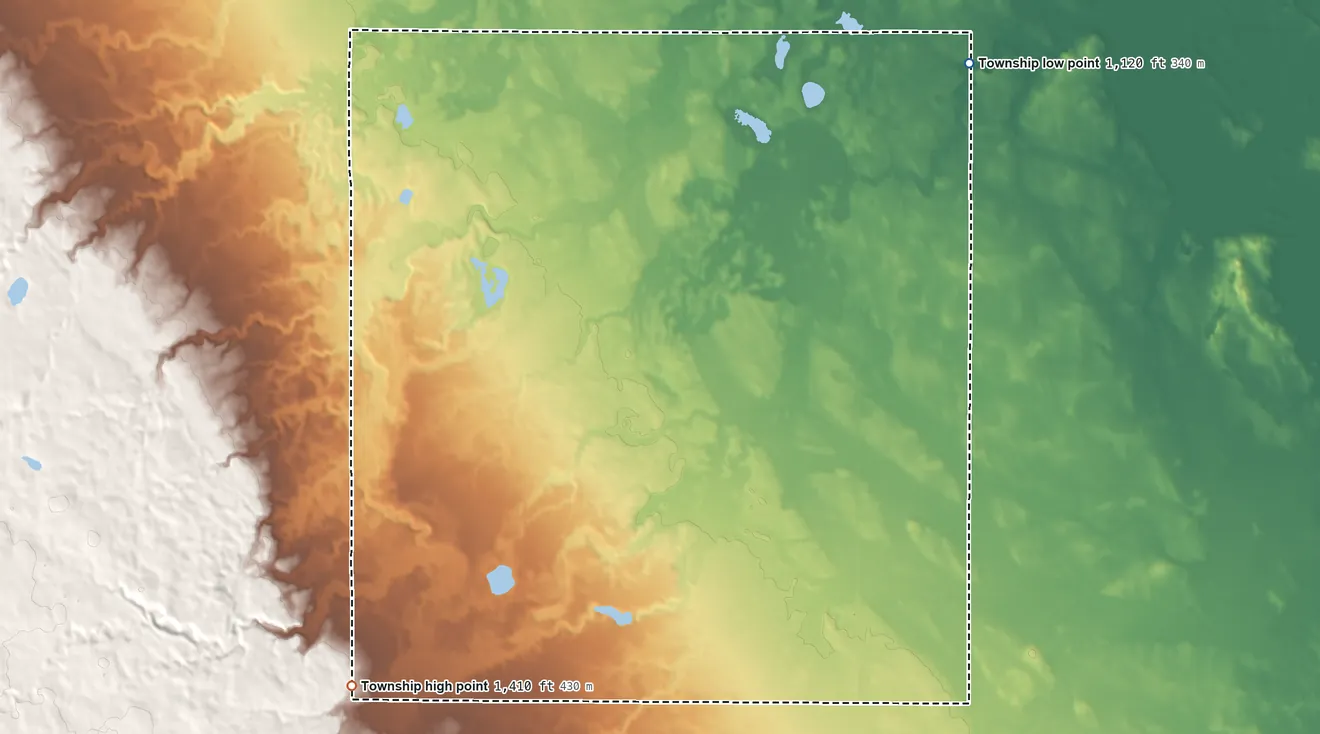 Topographic elevation map of Manfred Township, Minnesota, shaded from 1,120 ft on the northeast side to 1,410 ft on the southwest side
