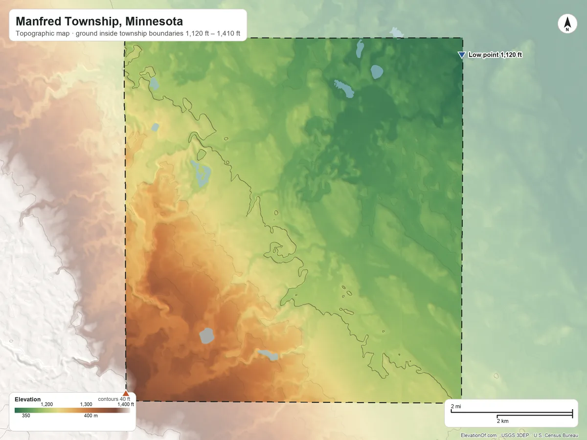 Topographic elevation map of Manfred Township, Minnesota, shaded from 1,120 ft on the northeast side to 1,410 ft on the southwest side