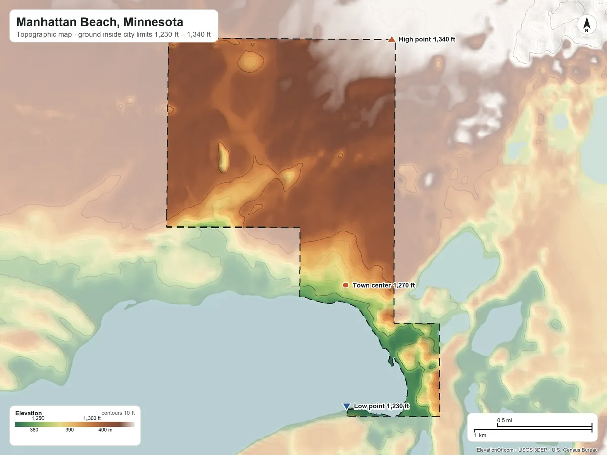 Topographic elevation map of Manhattan Beach, Minnesota, shaded from 1,230 ft on the south side to 1,340 ft on the north side