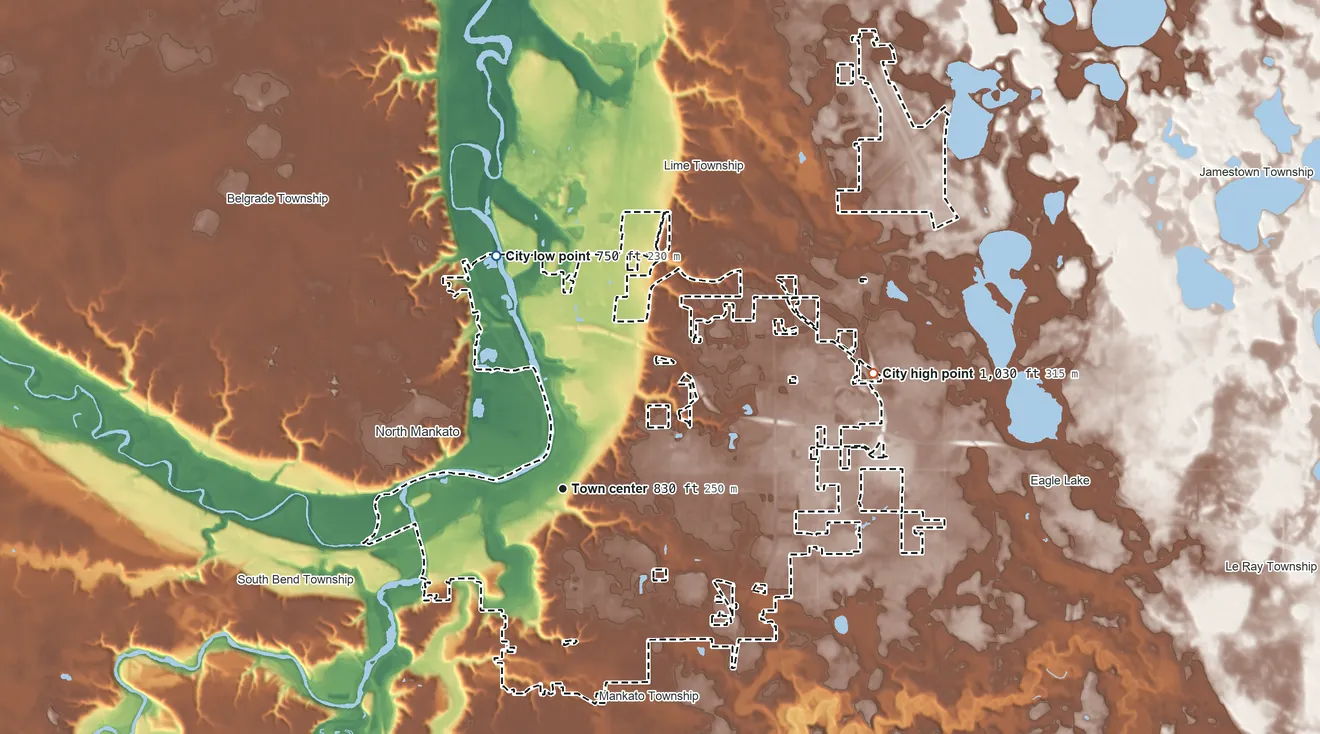 Topographic elevation map of Mankato, Minnesota, shaded from 750 ft on the north side to 1,030 ft on the east side