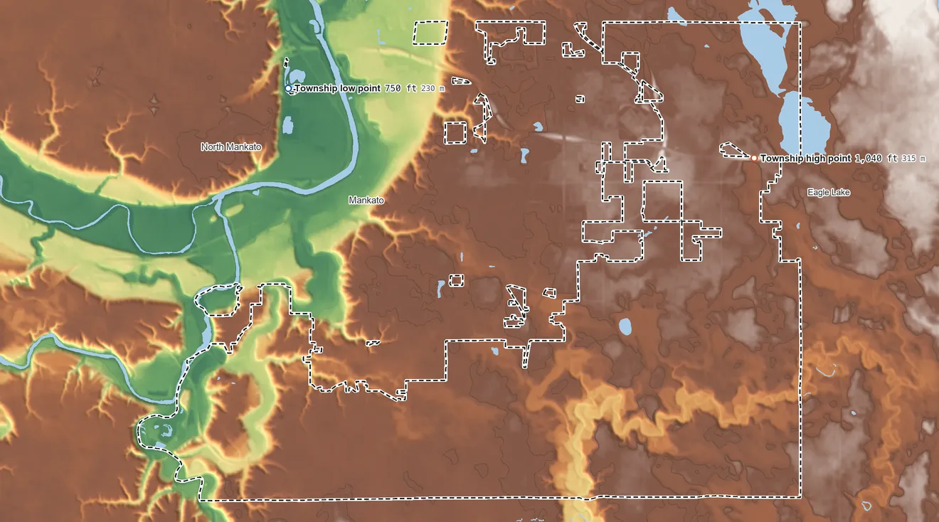 Topographic elevation map of Mankato Township, Minnesota, shaded from 750 ft on the northwest side to 1,040 ft on the northeast side