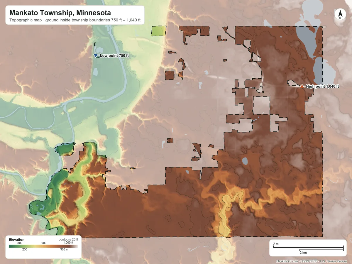 Topographic elevation map of Mankato Township, Minnesota, shaded from 750 ft on the northwest side to 1,040 ft on the northeast side