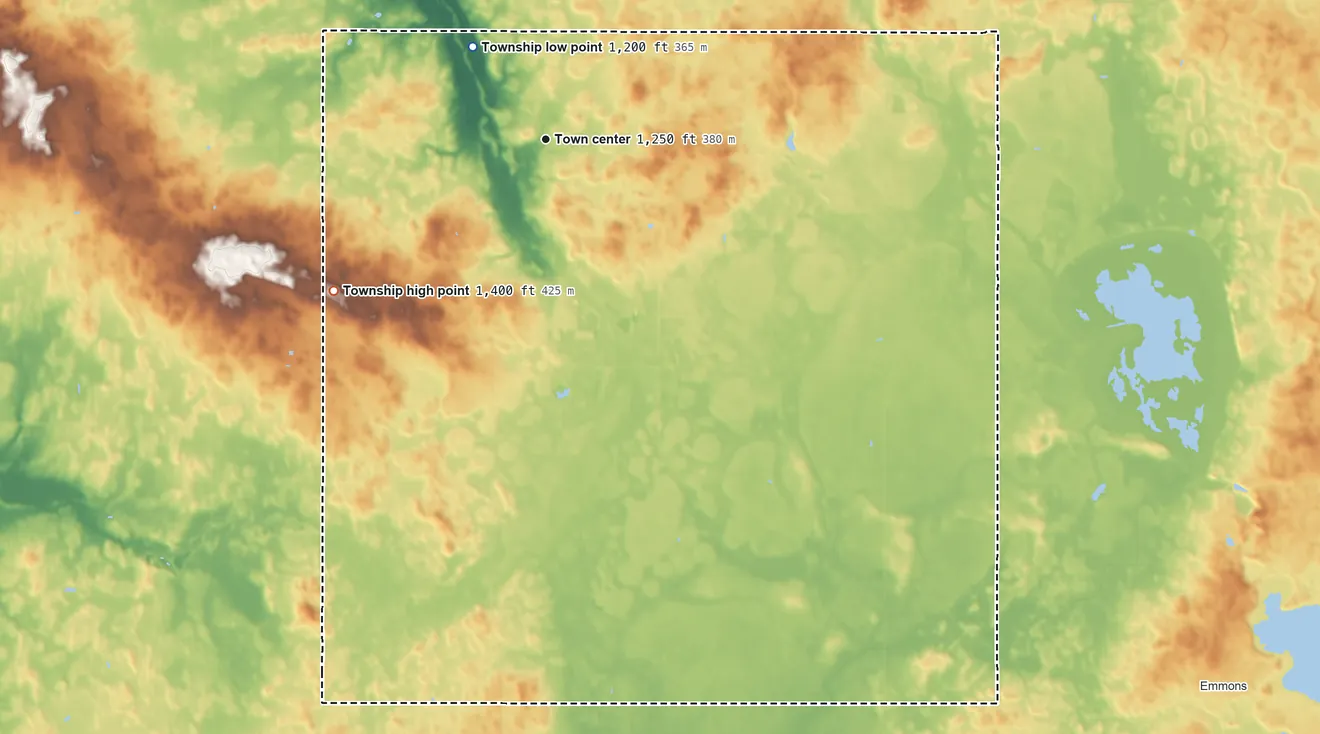 Topographic elevation map of Mansfield Township, Minnesota, shaded from 1,200 ft on the northwest side to 1,400 ft on the southwest side