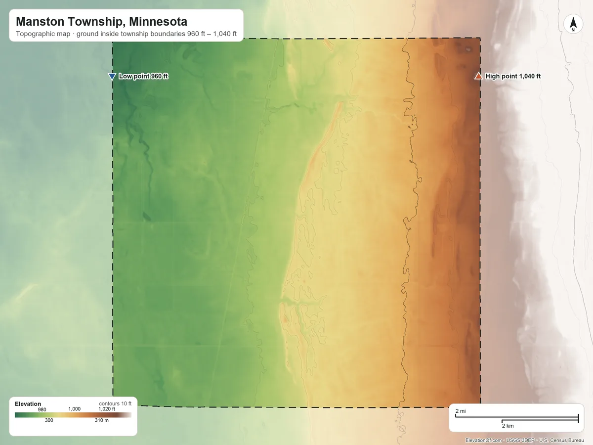 Topographic elevation map of Manston Township, Minnesota, shaded from 960 ft on the northwest side to 1,040 ft on the northeast side