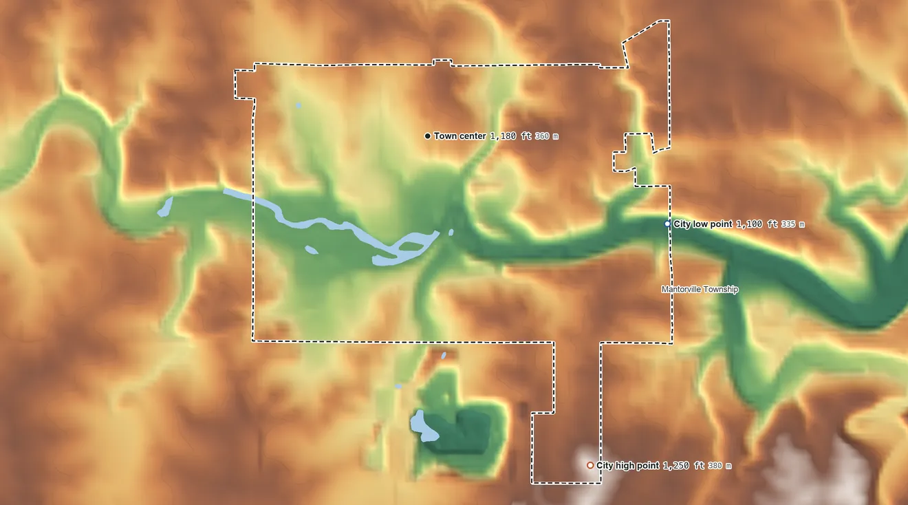 Topographic elevation map of Mantorville, Minnesota, shaded from 1,100 ft on the east side to 1,250 ft on the southeast side