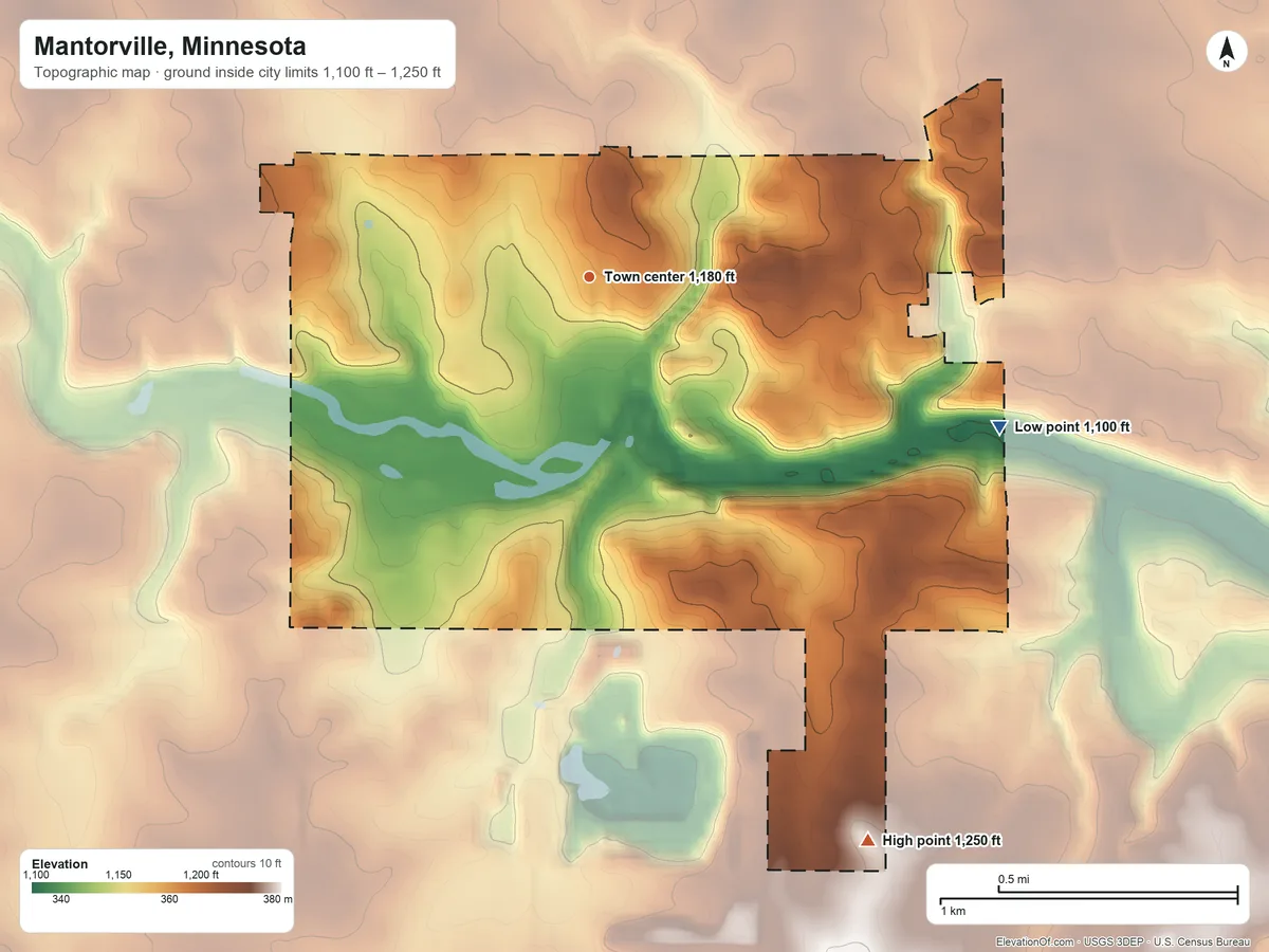 Topographic elevation map of Mantorville, Minnesota, shaded from 1,100 ft on the east side to 1,250 ft on the southeast side
