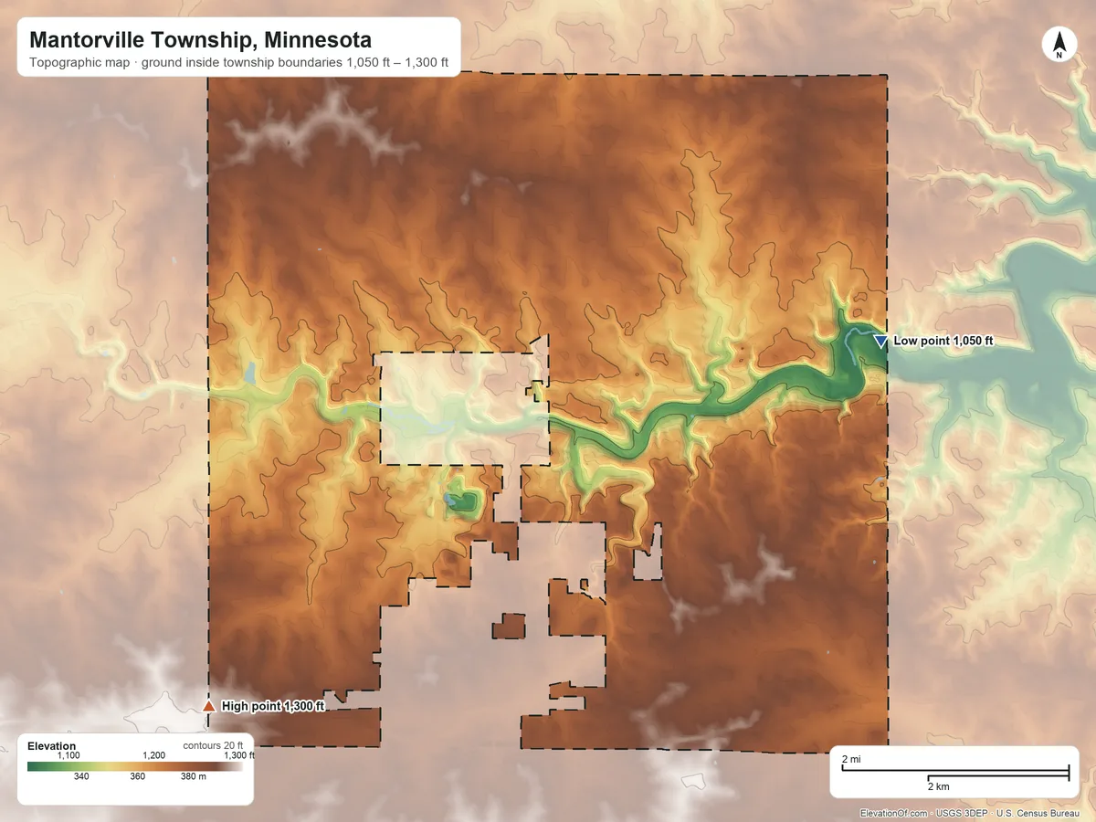 Topographic elevation map of Mantorville Township, Minnesota, shaded from 1,050 ft on the east side to 1,300 ft on the southwest side