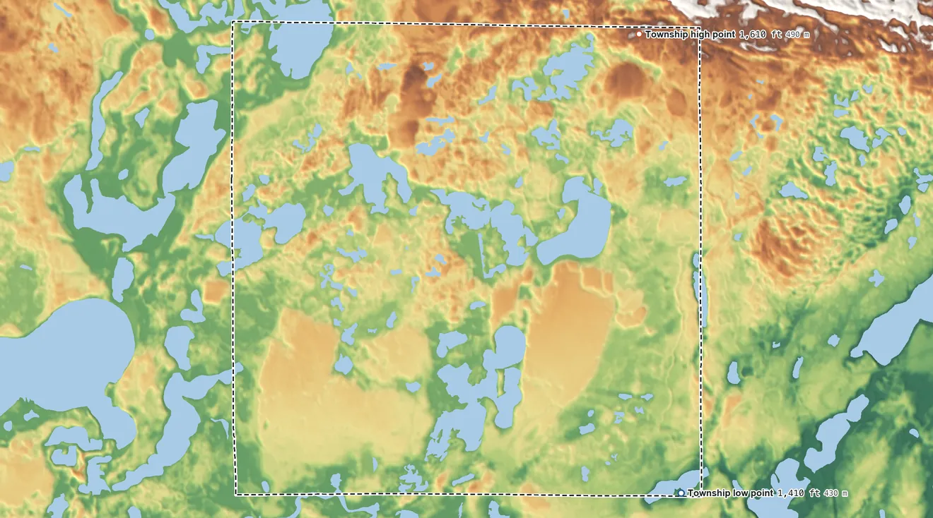 Topographic elevation map of Mantrap Township, Minnesota, shaded from 1,410 ft on the southeast side to 1,610 ft on the northeast side