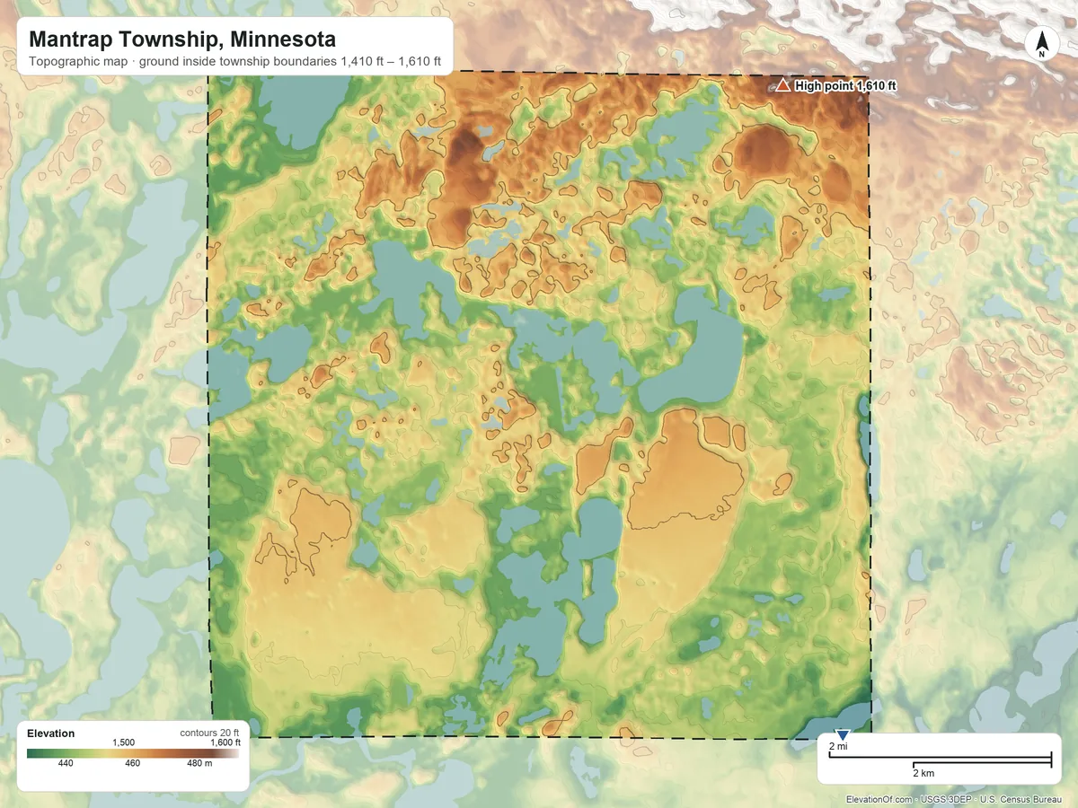 Topographic elevation map of Mantrap Township, Minnesota, shaded from 1,410 ft on the southeast side to 1,610 ft on the northeast side