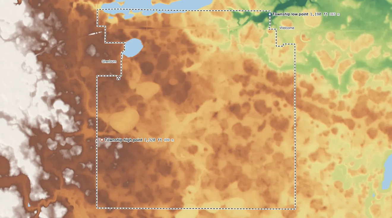 Topographic elevation map of Manyaska Township, Minnesota, shaded from 1,190 ft on the northeast side to 1,320 ft on the southwest side