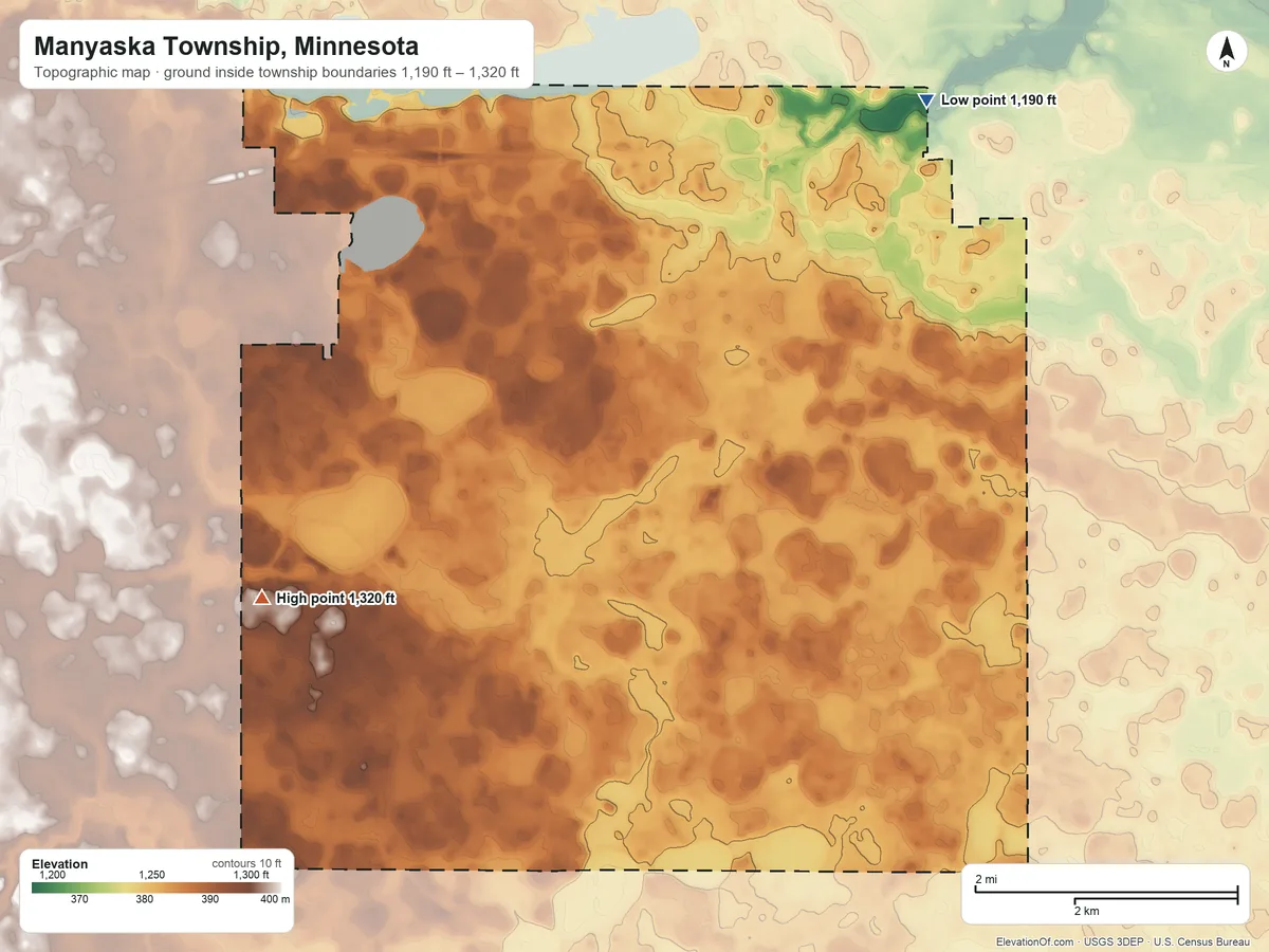 Topographic elevation map of Manyaska Township, Minnesota, shaded from 1,190 ft on the northeast side to 1,320 ft on the southwest side