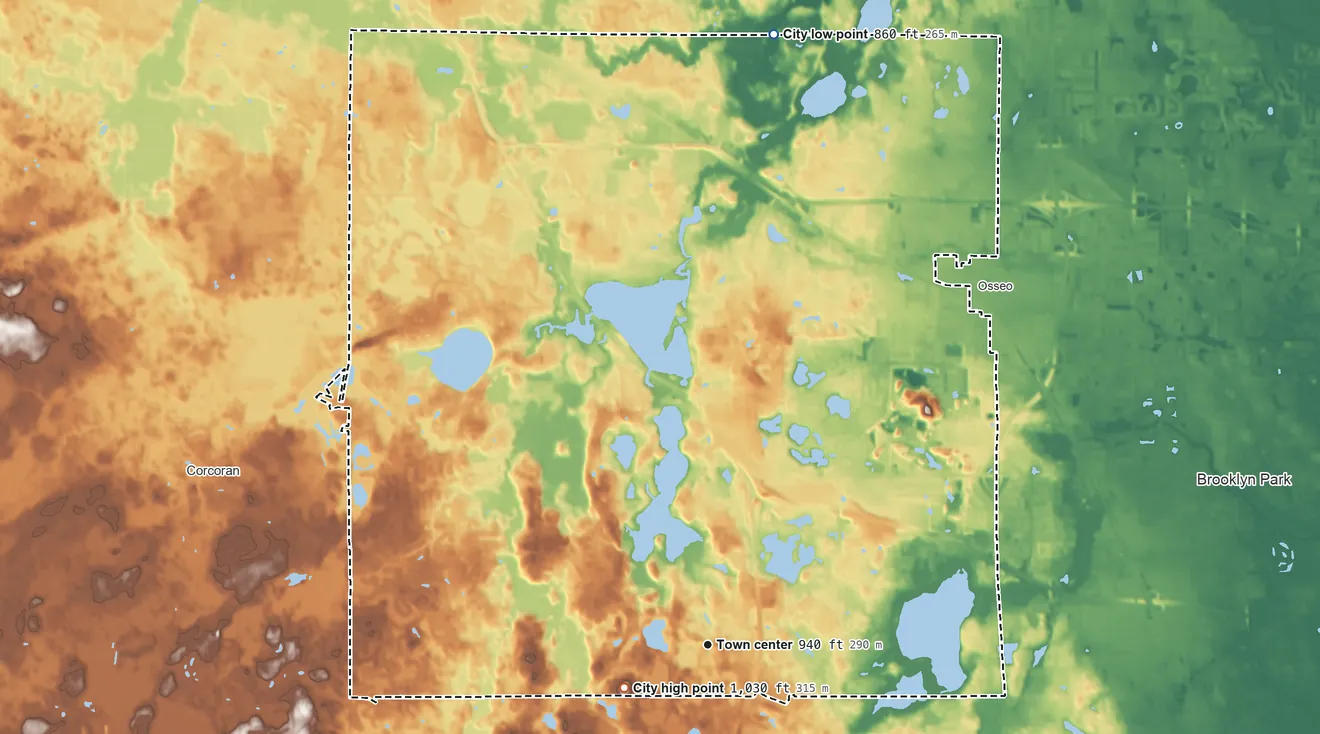 Topographic elevation map of Maple Grove, Minnesota, shaded from 860 ft on the north side to 1,030 ft near the middle