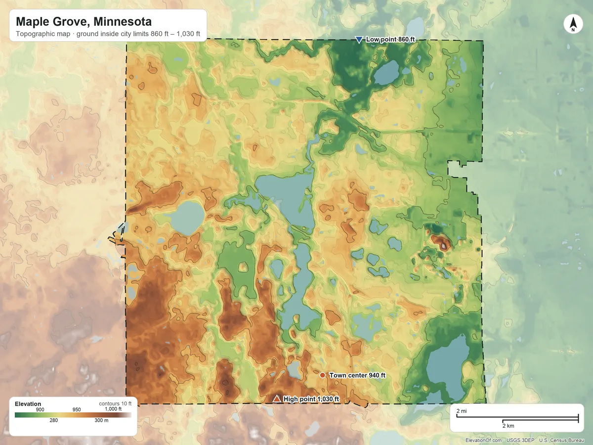 Topographic elevation map of Maple Grove, Minnesota, shaded from 860 ft on the north side to 1,030 ft near the middle