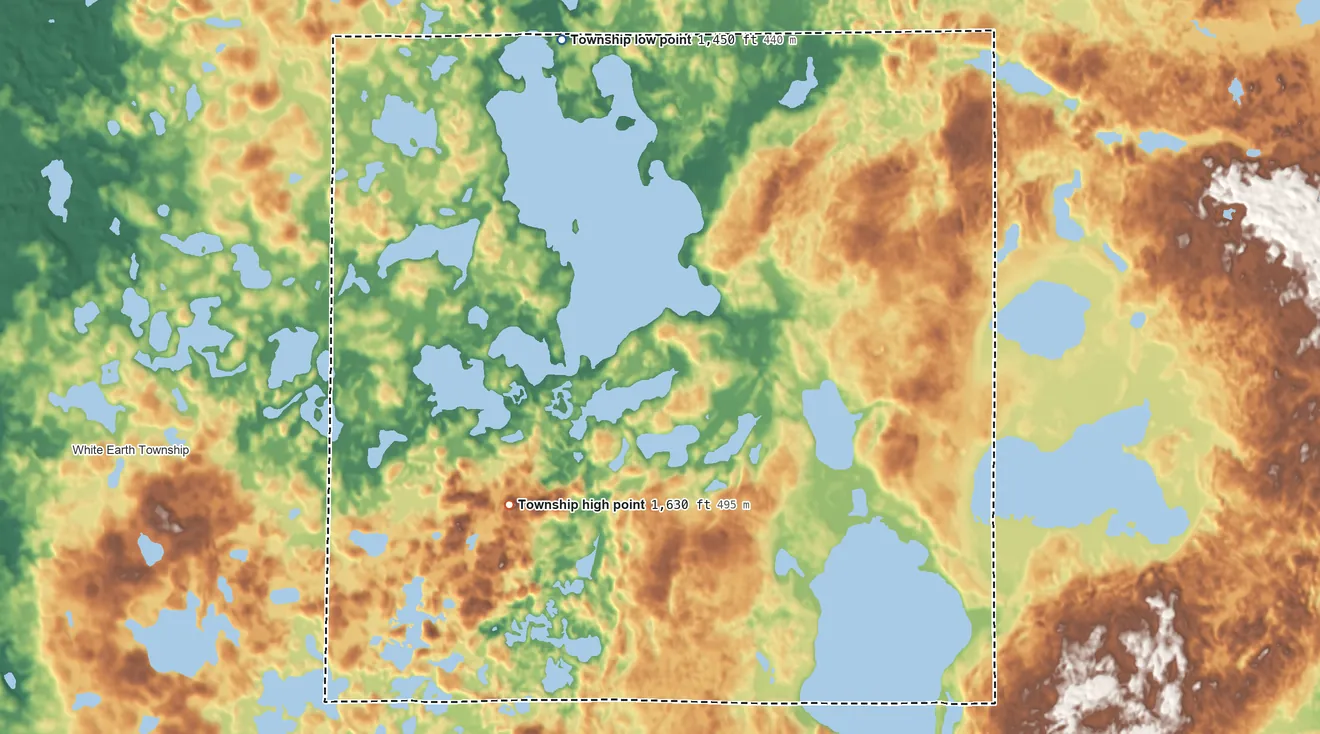 Topographic elevation map of Maple Grove Township, Becker County, Minnesota, shaded from 1,450 ft on the northwest side to 1,630 ft on the southwest side