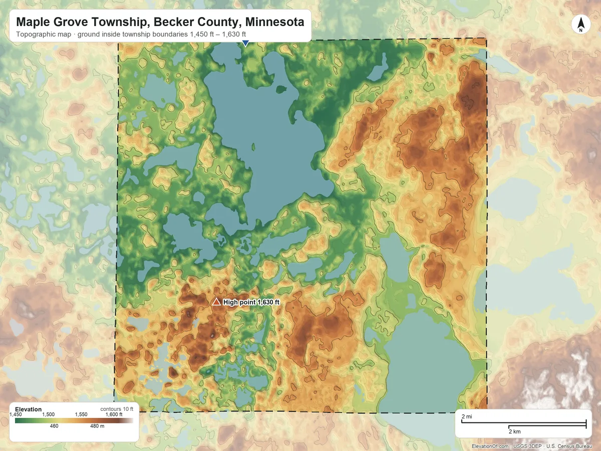 Topographic elevation map of Maple Grove Township, Becker County, Minnesota, shaded from 1,450 ft on the northwest side to 1,630 ft on the southwest side
