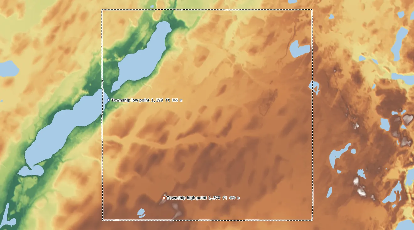 Topographic elevation map of Maple Grove Township, Minnesota, shaded from 1,190 ft on the west side to 1,370 ft on the south side
