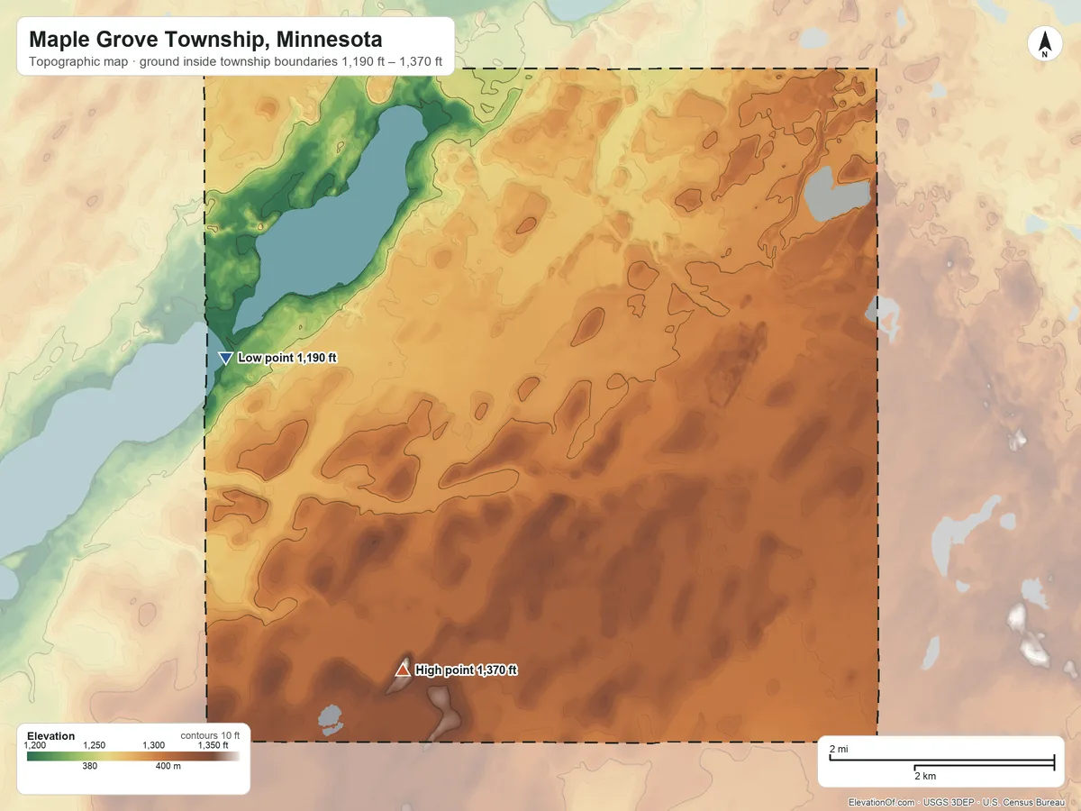 Topographic elevation map of Maple Grove Township, Minnesota, shaded from 1,190 ft on the west side to 1,370 ft on the south side