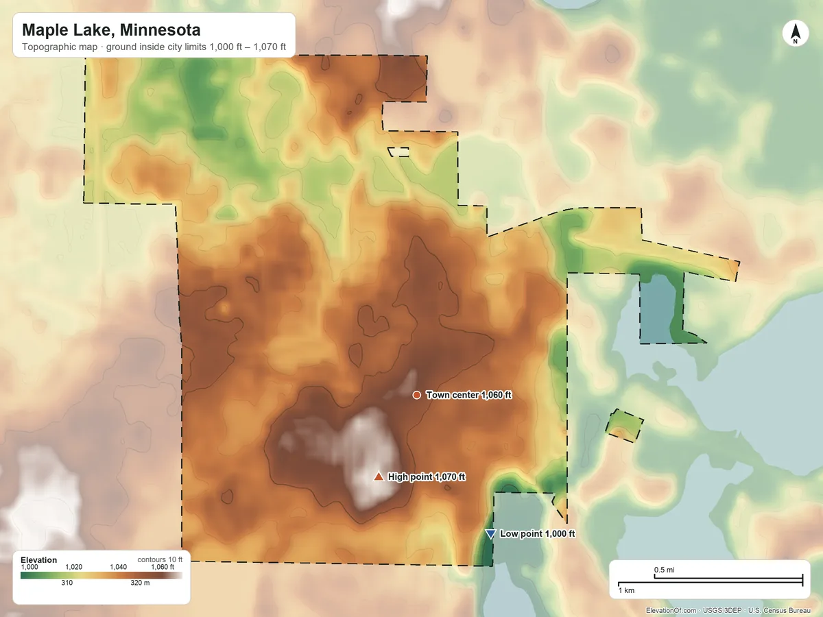 Topographic elevation map of Maple Lake, Minnesota, shaded from 1,000 ft on the southeast side to 1,070 ft on the southwest side