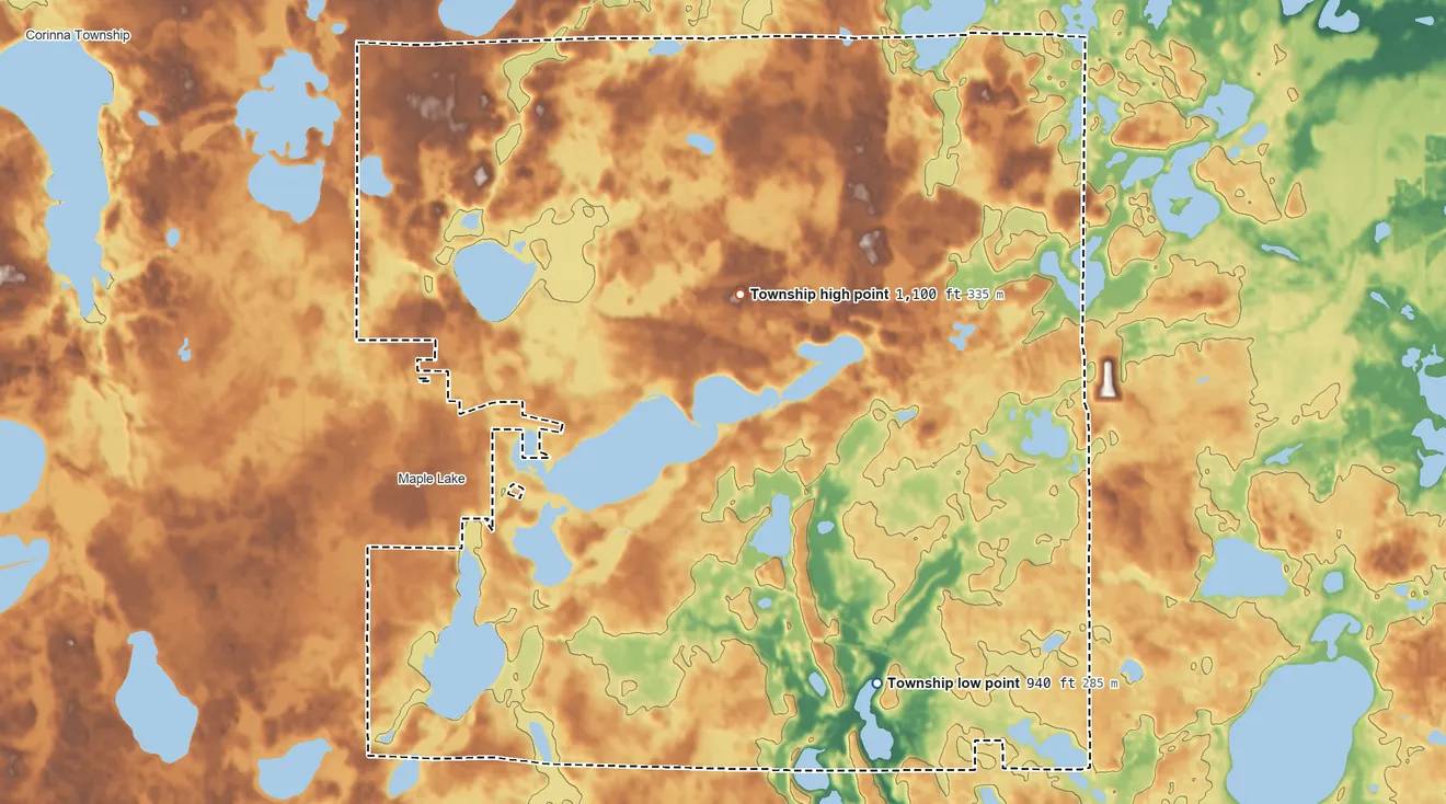 Topographic elevation map of Maple Lake Township, Minnesota, shaded from 940 ft on the south side to 1,100 ft on the north side