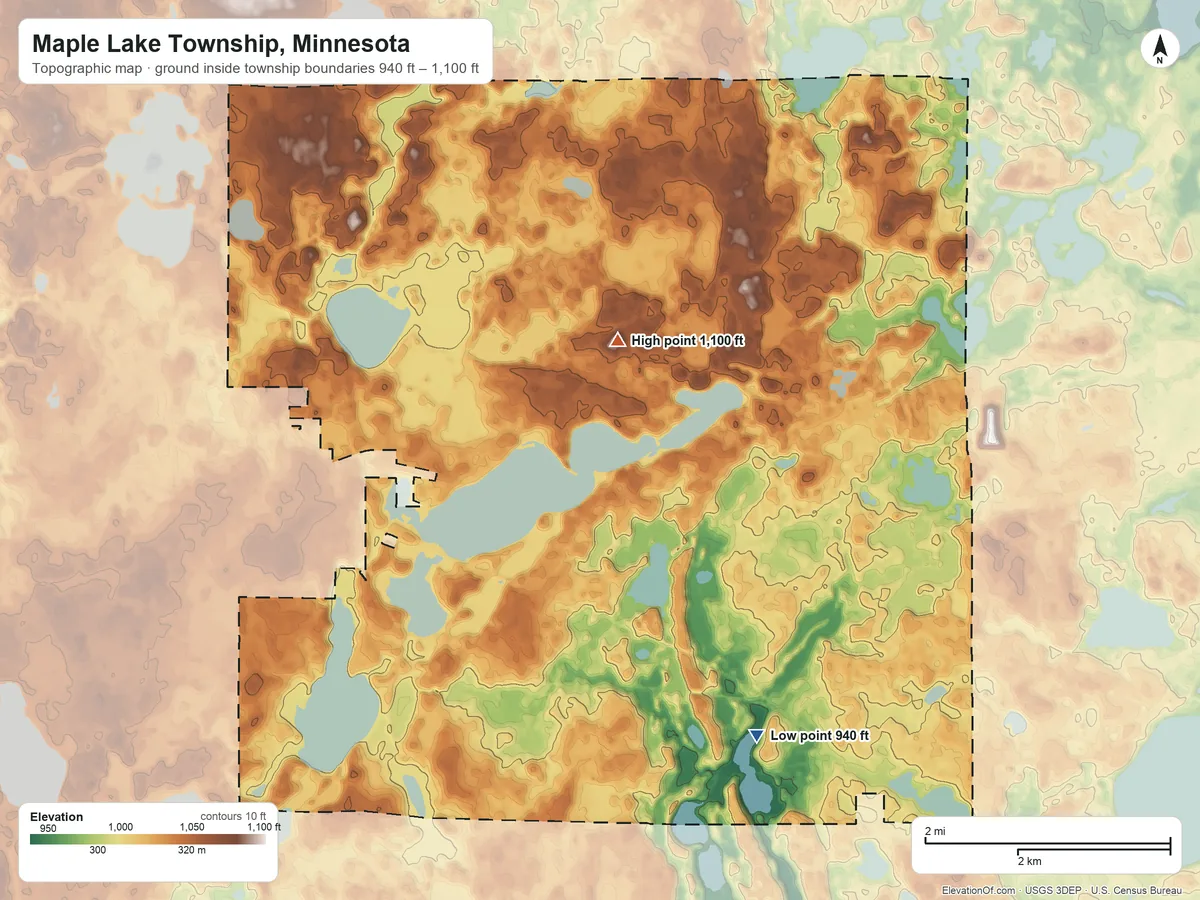 Topographic elevation map of Maple Lake Township, Minnesota, shaded from 940 ft on the south side to 1,100 ft on the north side