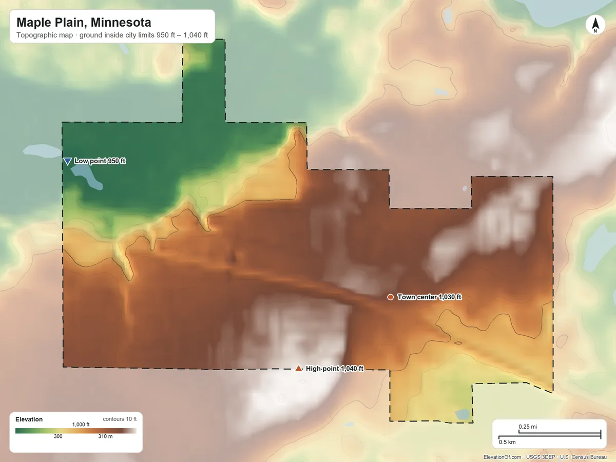 Topographic elevation map of Maple Plain, Minnesota, shaded from 950 ft on the northwest side to 1,040 ft on the southwest side