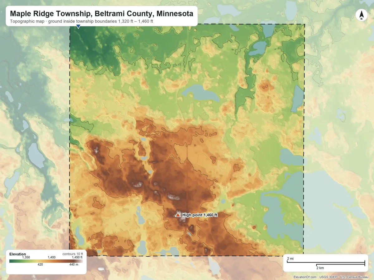 Topographic elevation map of Maple Ridge Township, Beltrami County, Minnesota, shaded from 1,320 ft on the northwest side to 1,460 ft near the middle