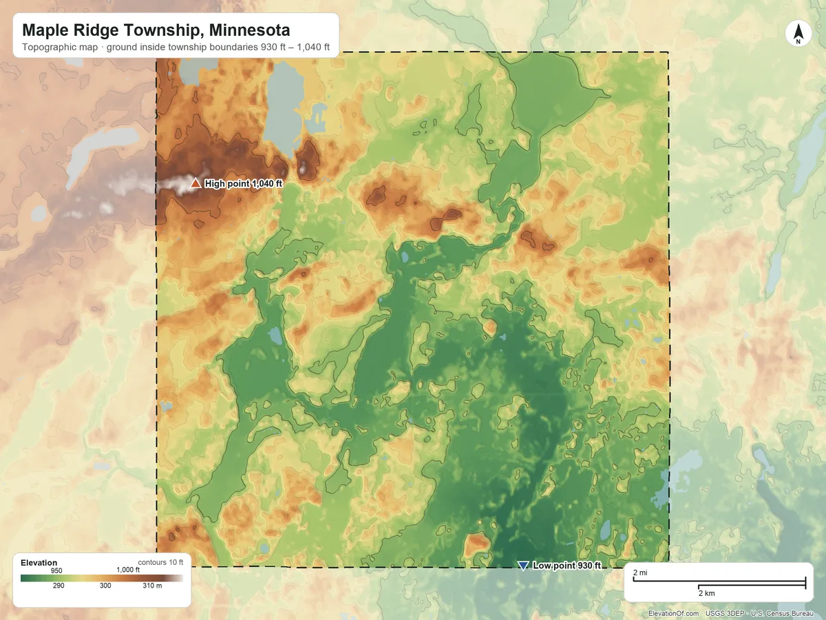 Topographic elevation map of Maple Ridge Township, Minnesota, shaded from 930 ft on the southeast side to 1,040 ft on the northwest side