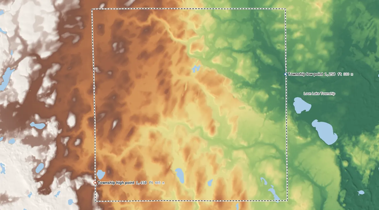 Topographic elevation map of Maple Township, Minnesota, shaded from 1,250 ft on the northeast side to 1,450 ft on the southwest side