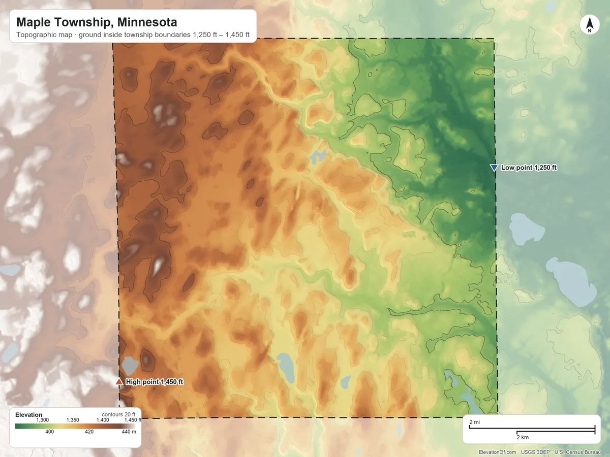 Topographic elevation map of Maple Township, Minnesota, shaded from 1,250 ft on the northeast side to 1,450 ft on the southwest side