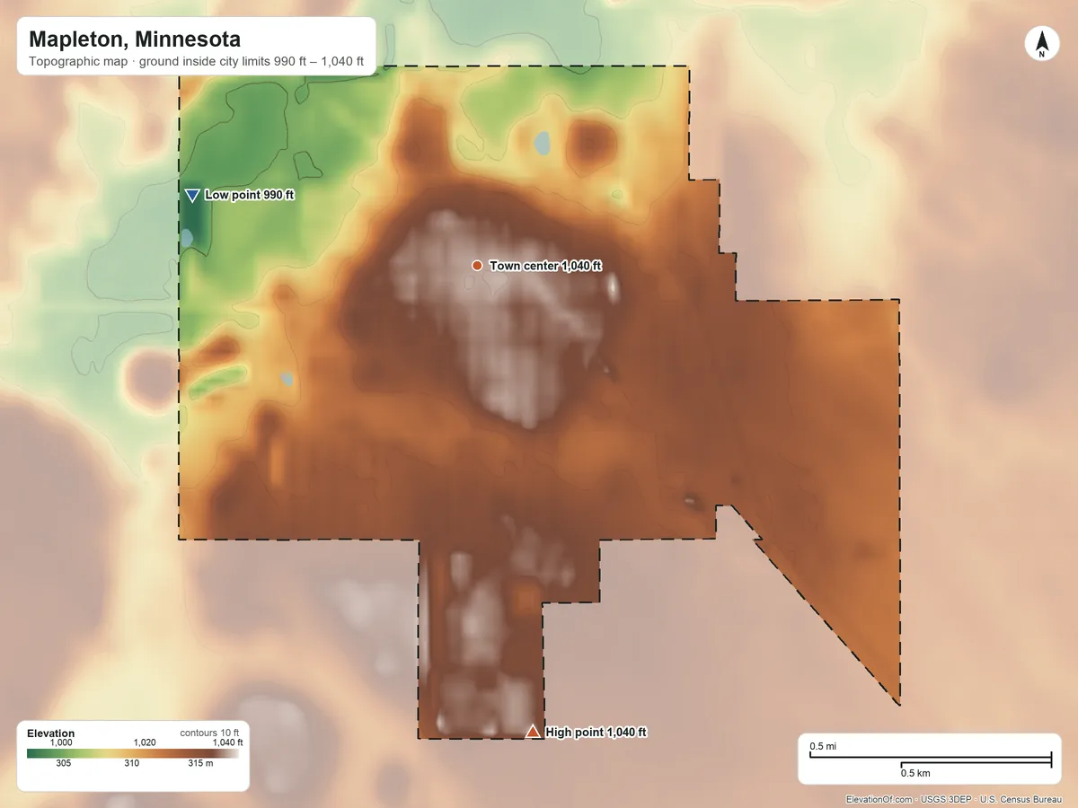 Topographic elevation map of Mapleton, Minnesota, shaded from 990 ft on the west side to 1,040 ft on the south side