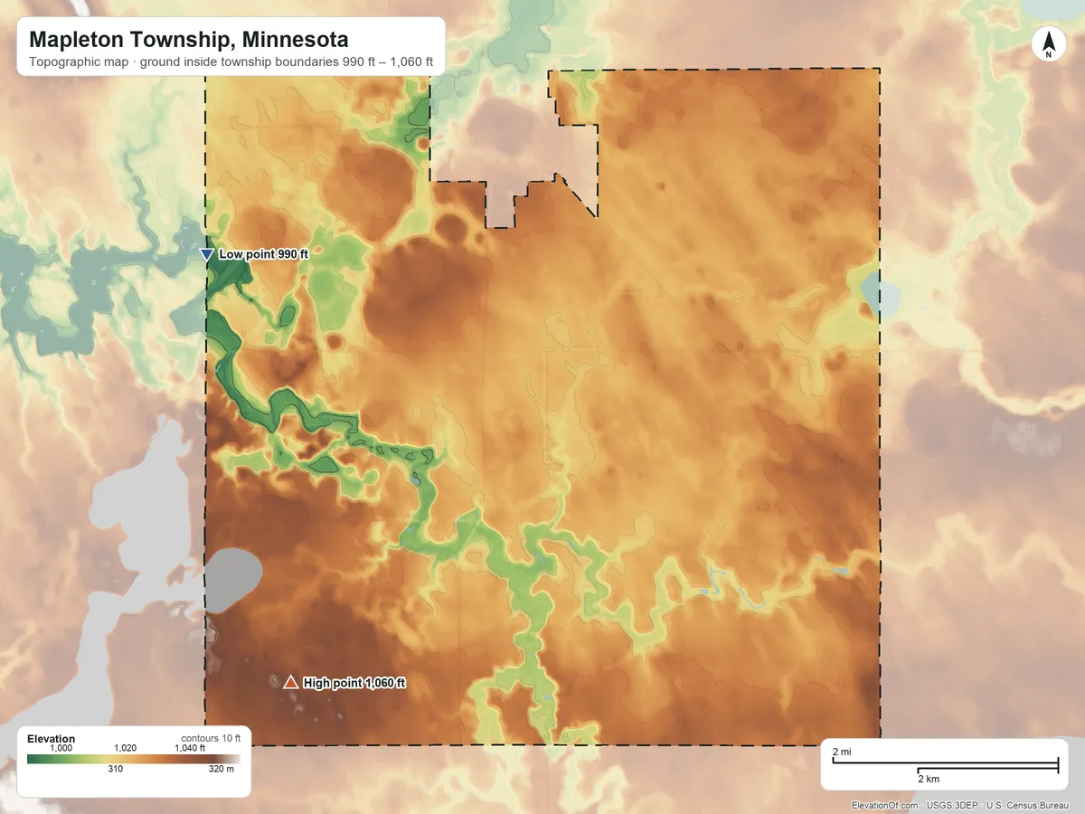 Topographic elevation map of Mapleton Township, Minnesota, shaded from 990 ft on the northwest side to 1,060 ft on the southwest side