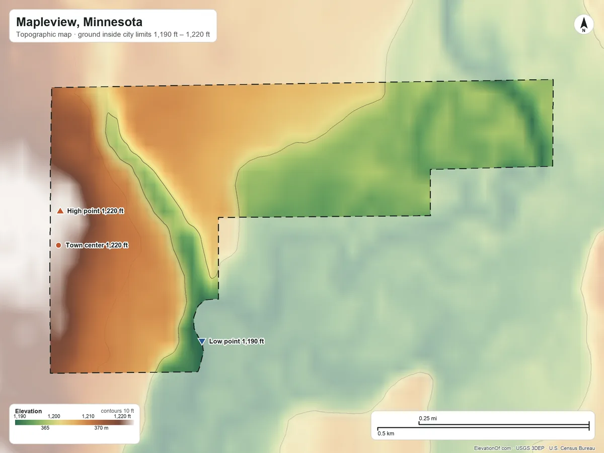 Topographic elevation map of Mapleview, Minnesota, shaded from 1,190 ft on the southeast side to 1,220 ft near the middle