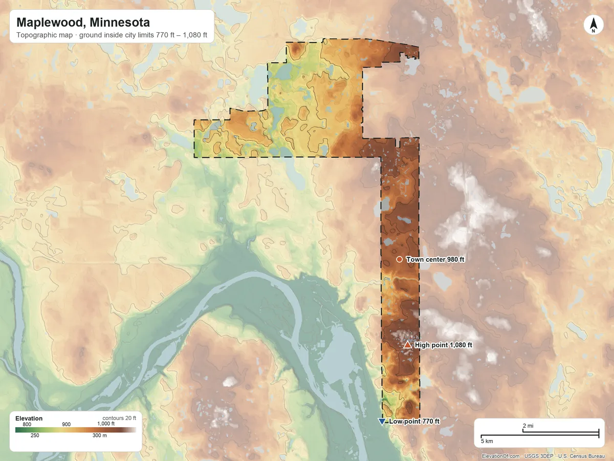 Topographic elevation map of Maplewood, Minnesota, shaded from 770 ft on the south side to 1,080 ft on the south side