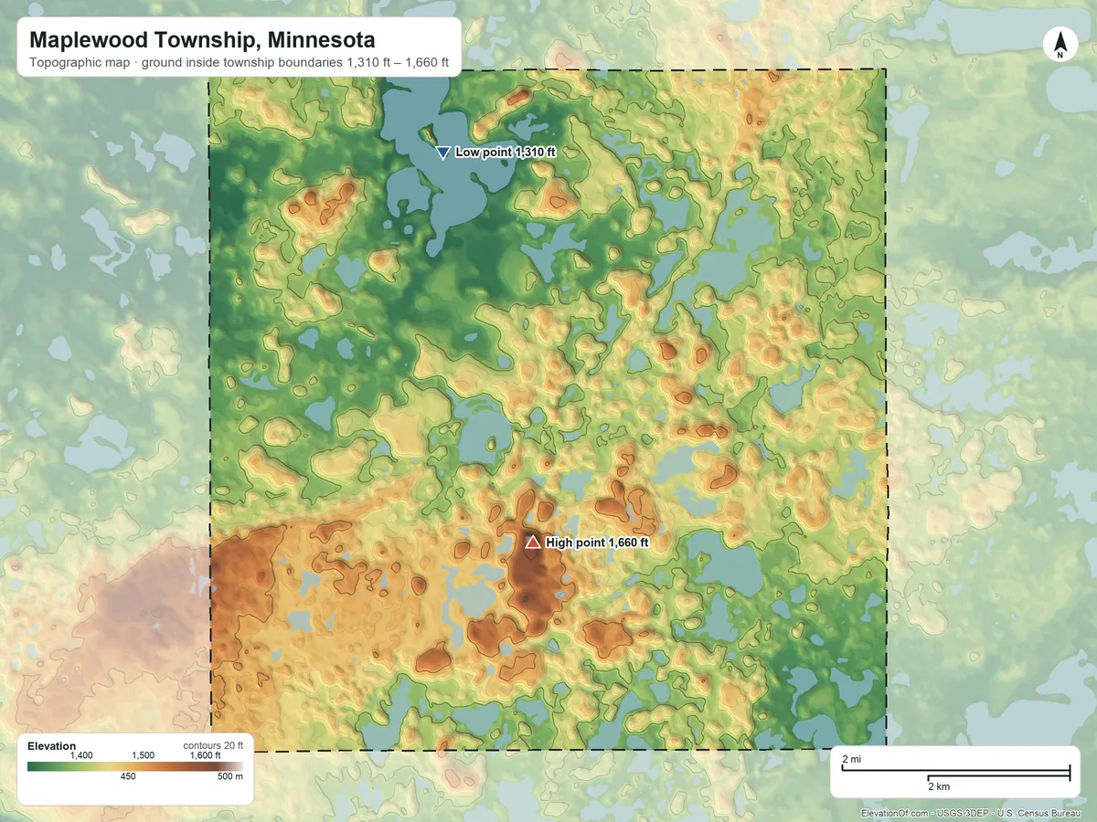 Topographic elevation map of Maplewood Township, Minnesota, shaded from 1,310 ft on the north side to 1,660 ft on the northeast side