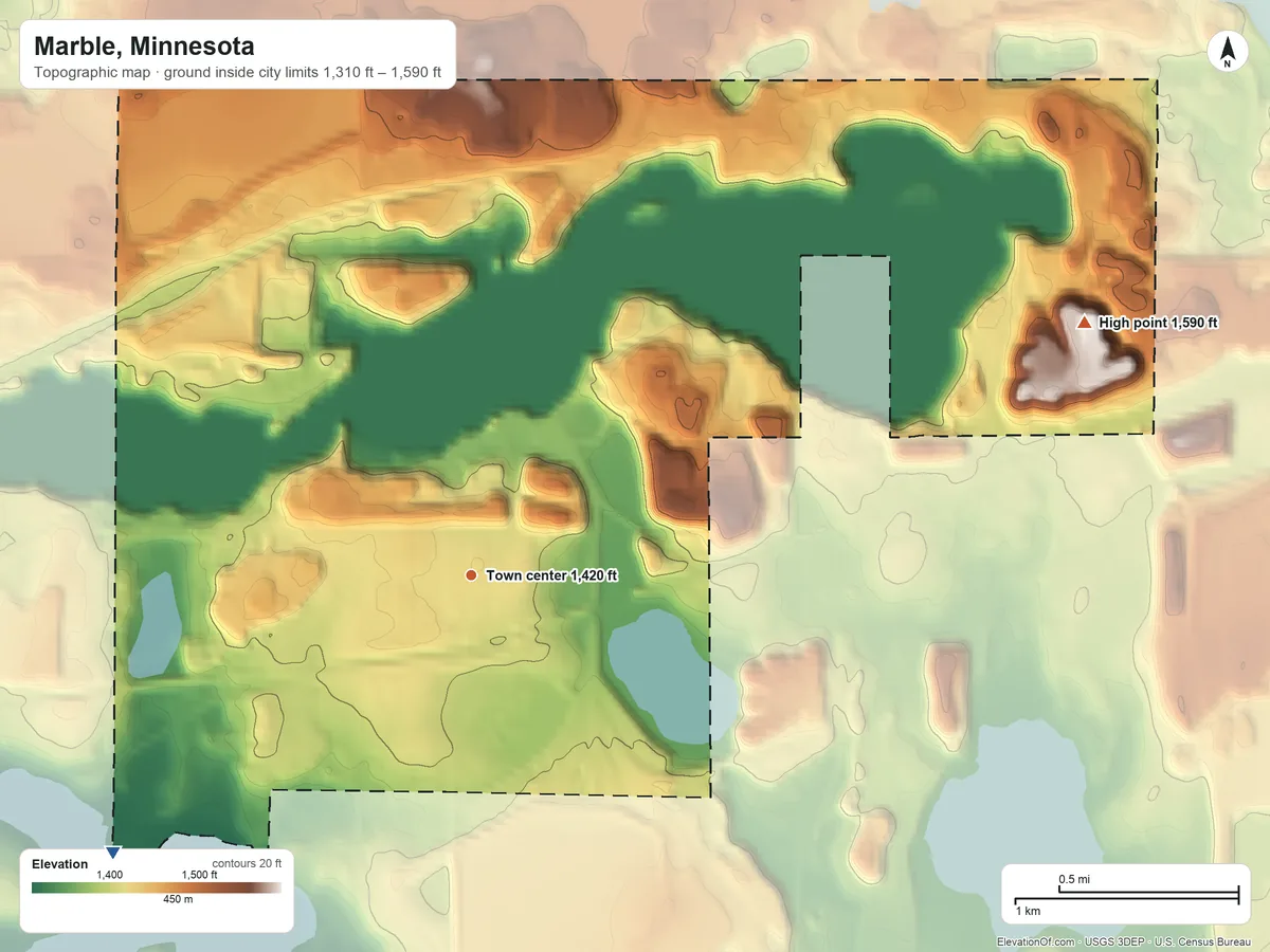 Topographic elevation map of Marble, Minnesota, shaded from 1,310 ft on the southwest side to 1,590 ft on the east side