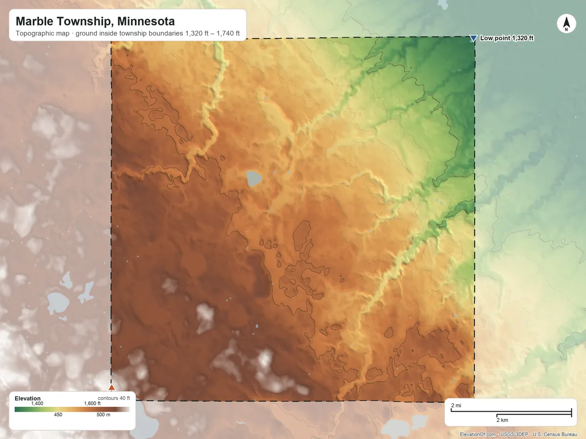 Topographic elevation map of Marble Township, Minnesota, shaded from 1,320 ft on the northeast side to 1,740 ft on the southwest side