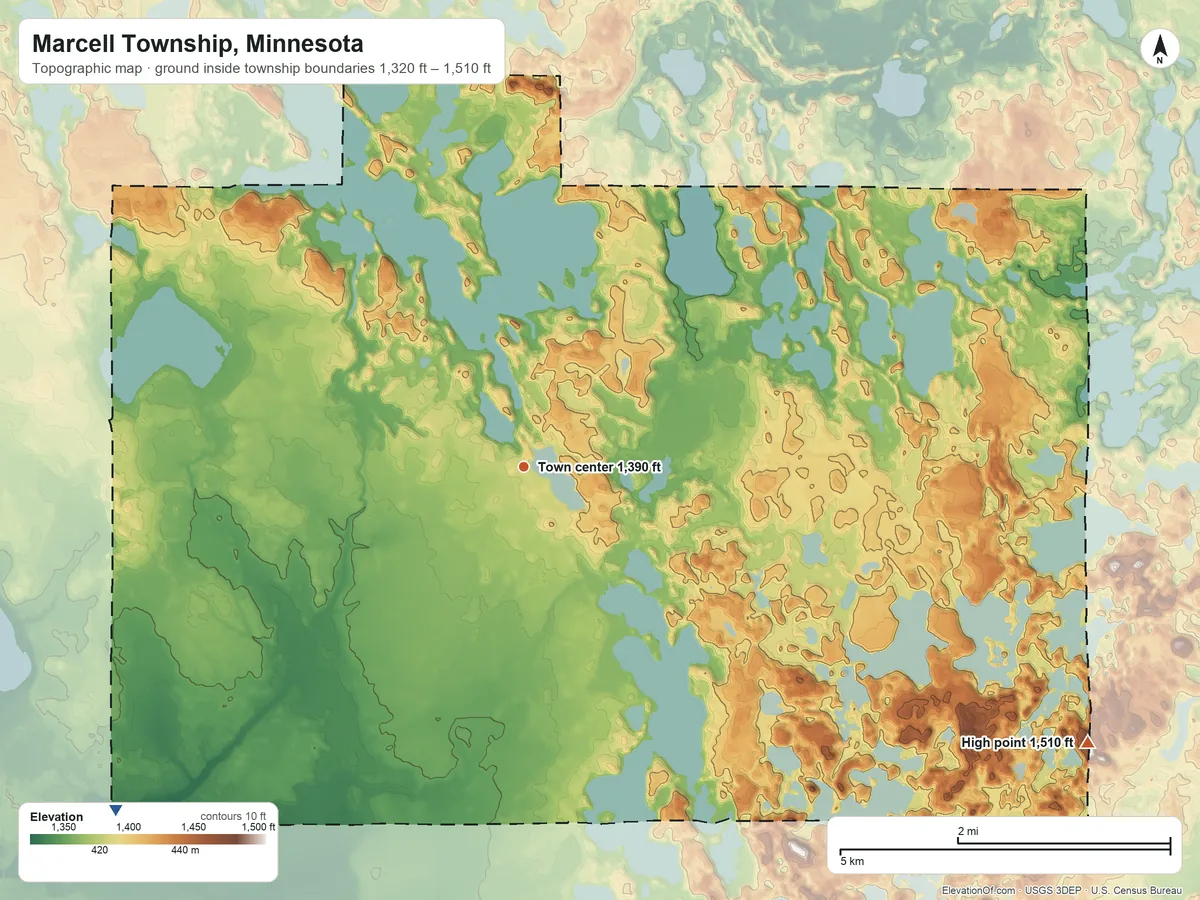 Topographic elevation map of Marcell Township, Minnesota, shaded from 1,320 ft on the southwest side to 1,510 ft on the southeast side