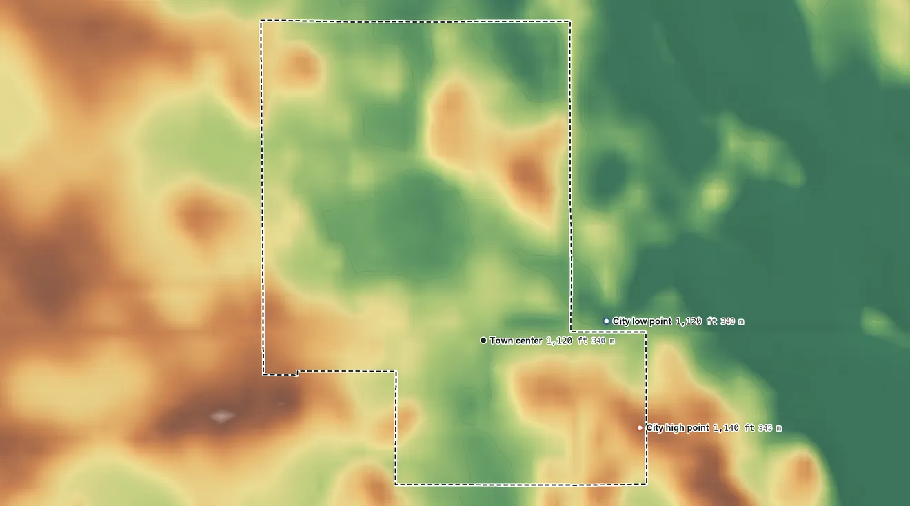 Topographic elevation map of Marietta, Minnesota, shaded from 1,120 ft on the east side to 1,140 ft on the southeast side