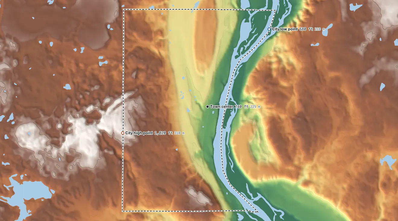 Topographic elevation map of Marine on St. Croix, Minnesota, shaded from 680 ft on the northeast side to 1,020 ft on the west side