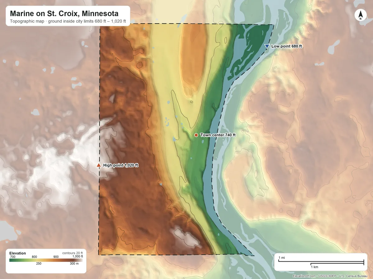 Topographic elevation map of Marine on St. Croix, Minnesota, shaded from 680 ft on the northeast side to 1,020 ft on the west side