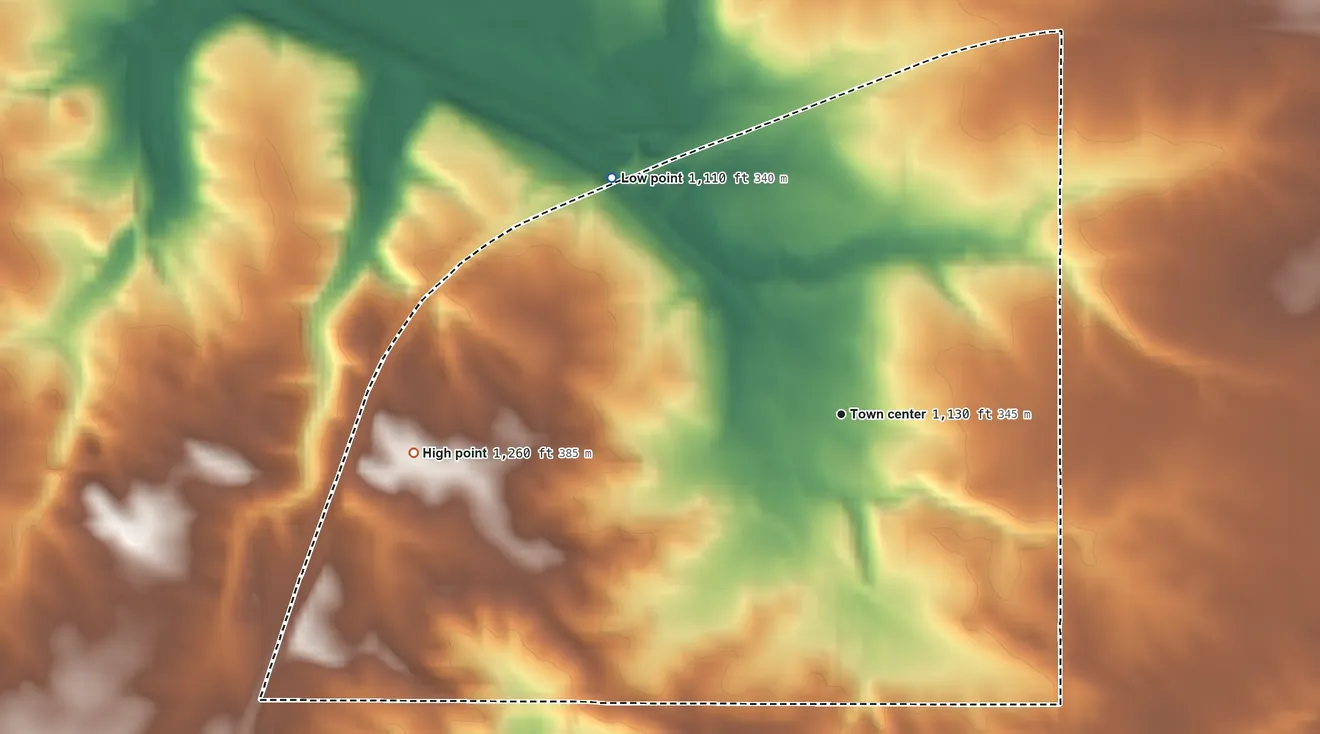 Topographic elevation map of Marion, Minnesota, shaded from 1,110 ft on the northwest side to 1,260 ft on the west side