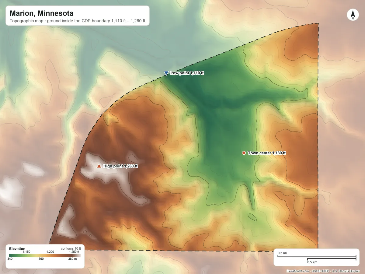 Topographic elevation map of Marion, Minnesota, shaded from 1,110 ft on the northwest side to 1,260 ft on the west side