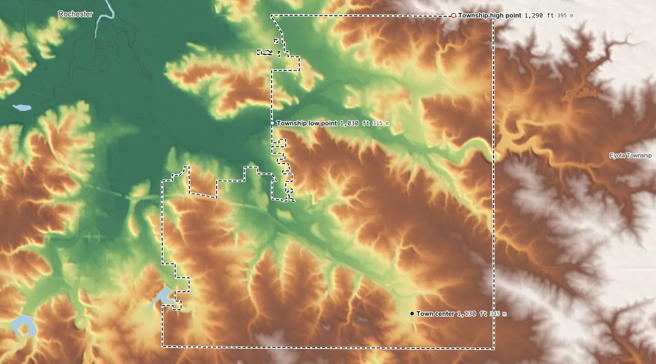 Topographic elevation map of Marion Township, Minnesota, shaded from 1,030 ft on the northwest side to 1,290 ft on the north side