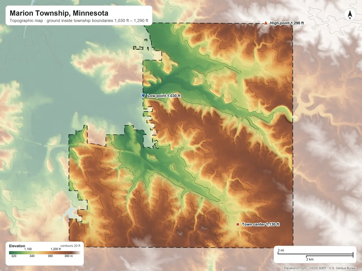 Topographic elevation map of Marion Township, Minnesota, shaded from 1,030 ft on the northwest side to 1,290 ft on the north side